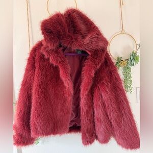 Luxurious Faux Fur Hooded Jacket - Burgundy